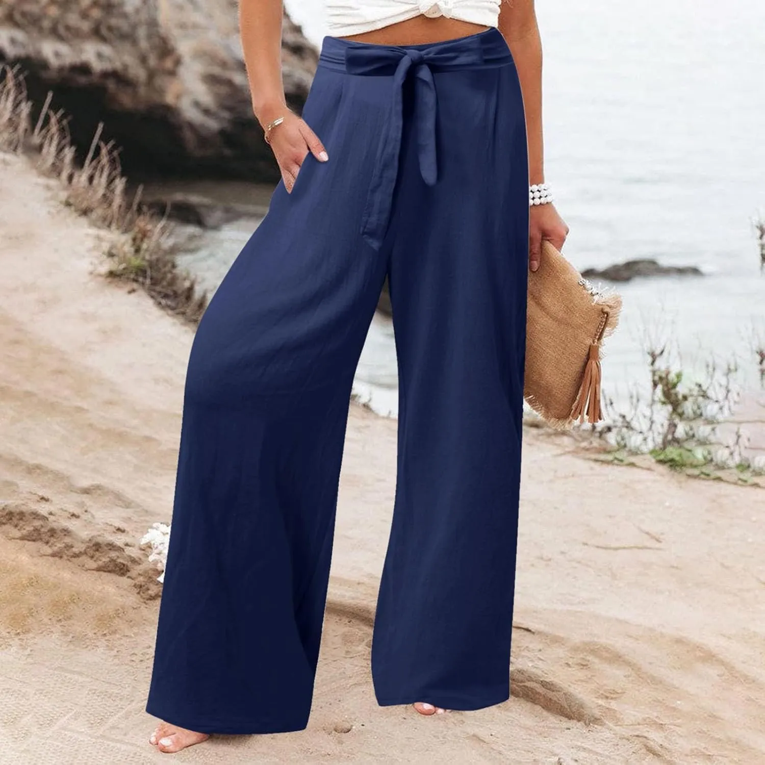 Barrel Pants for Women Winter Linen Beach Jeans with Pockets High Waisted High Waisted