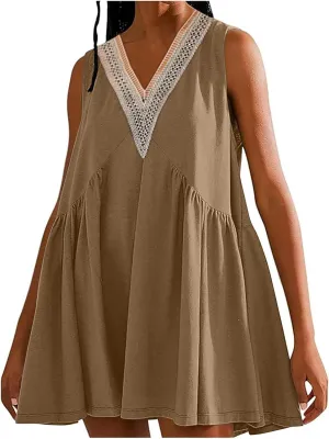 Binmer Women Summer Dresses 2024 Sleeveless Lace Crochet V Neck Sundress Casual Loose Pleated Flowy Swing Babydoll Mini Dress