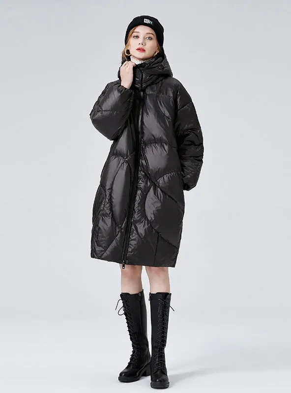 Black Glossy Thick Loose Hooded White Duck Down Coat