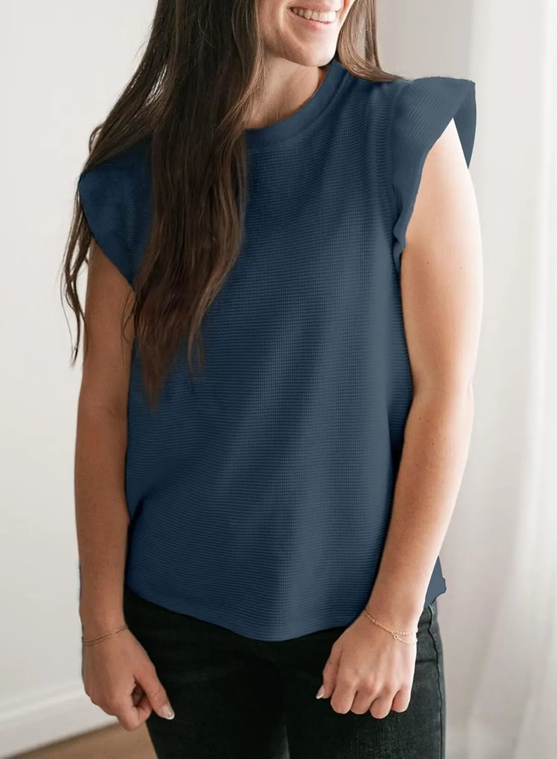 BLENCOT Tank Top for Women Trendy Sleeveless Loose Ruffle Sleeve Casual Waffle Basic Summer Spring Tops