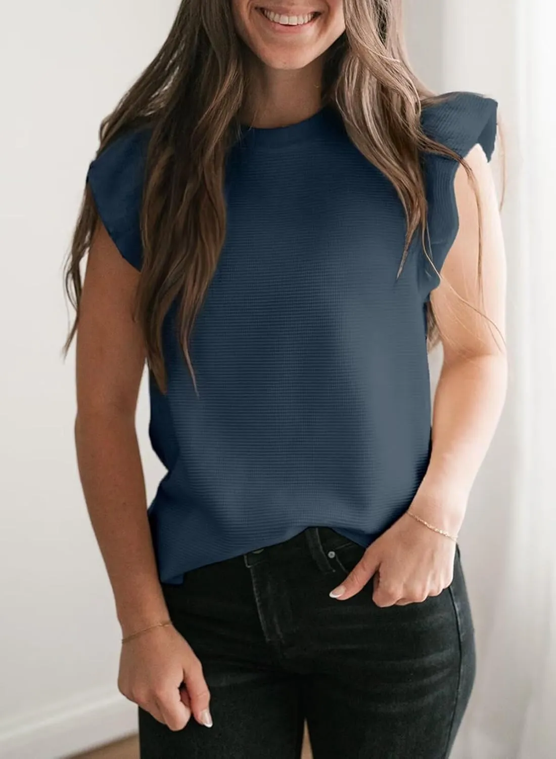 BLENCOT Tank Top for Women Trendy Sleeveless Loose Ruffle Sleeve Casual Waffle Basic Summer Spring Tops