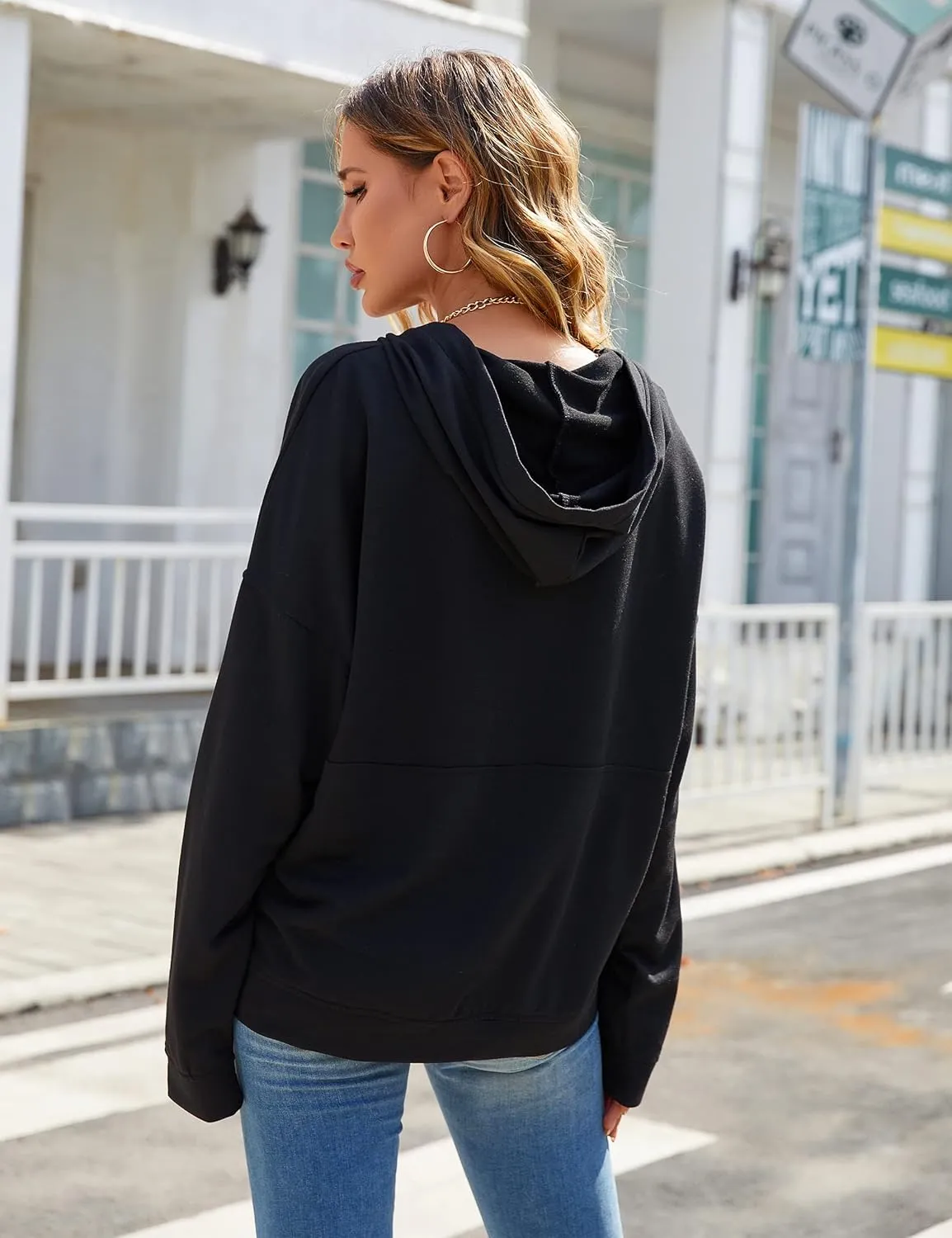 BMJL Womens Half Button Hoodies Long Sleeve Casual Drawstring Pullover Sweatshirts Solid Lightweight Tops