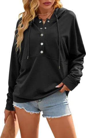 BMJL Womens Half Button Hoodies Long Sleeve Casual Drawstring Pullover Sweatshirts Solid Lightweight Tops