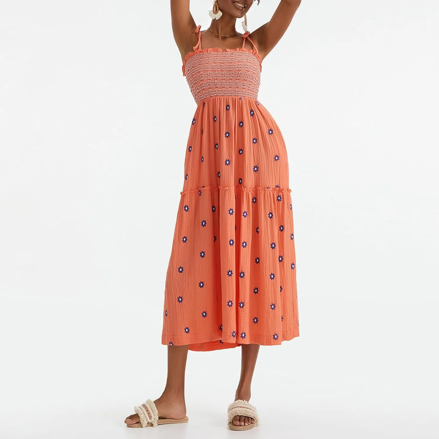 Boho Floral Embroidered Dress for Women Spaghetti Tie Strap Long Vacation Dress Casual Flowy Summer Maxi Sundresses