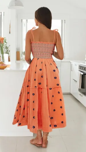 Boho Floral Embroidered Dress for Women Spaghetti Tie Strap Long Vacation Dress Casual Flowy Summer Maxi Sundresses