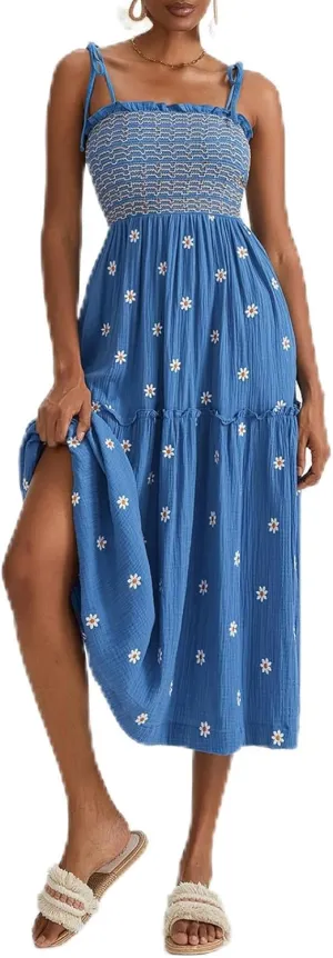 Boho Floral Embroidered Dress for Women Spaghetti Tie Strap Long Vacation Dress Casual Flowy Summer Maxi Sundresses