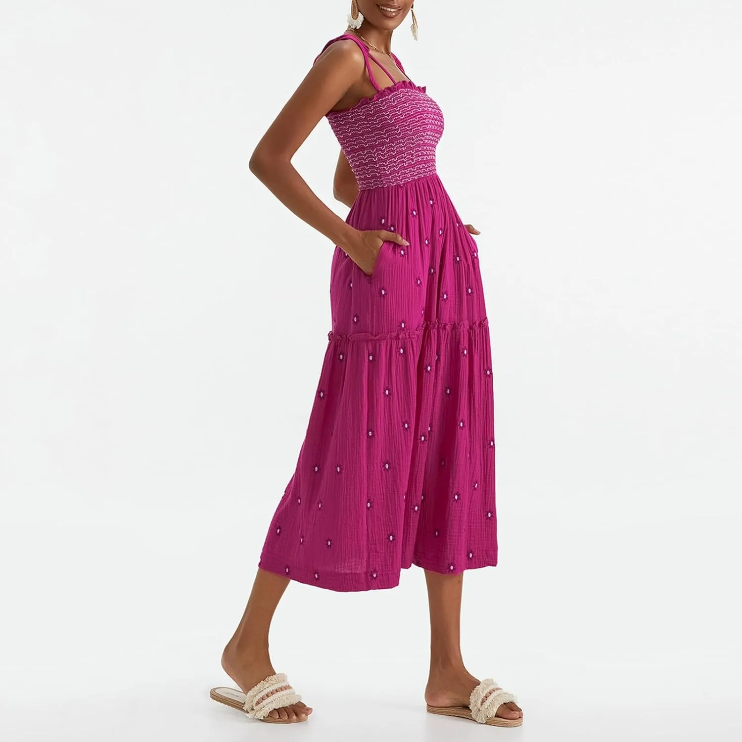 Boho Floral Embroidered Dress for Women Spaghetti Tie Strap Long Vacation Dress Casual Flowy Summer Maxi Sundresses