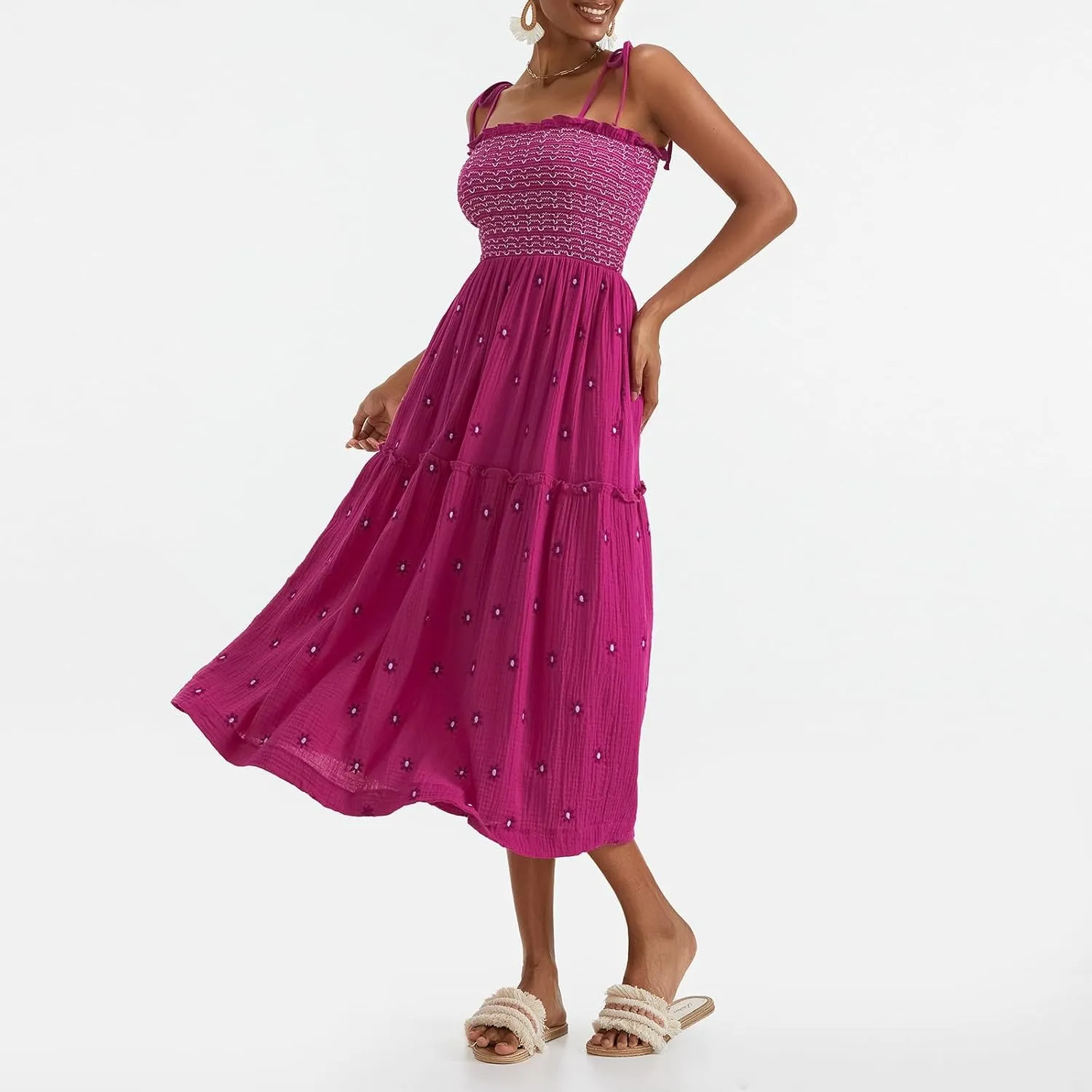 Boho Floral Embroidered Dress for Women Spaghetti Tie Strap Long Vacation Dress Casual Flowy Summer Maxi Sundresses