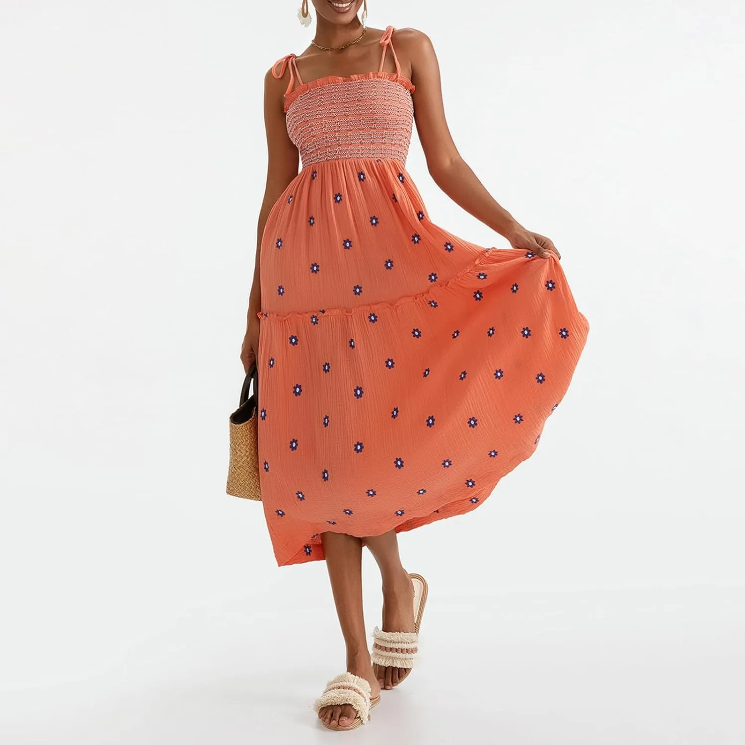Boho Floral Embroidered Dress for Women Spaghetti Tie Strap Long Vacation Dress Casual Flowy Summer Maxi Sundresses