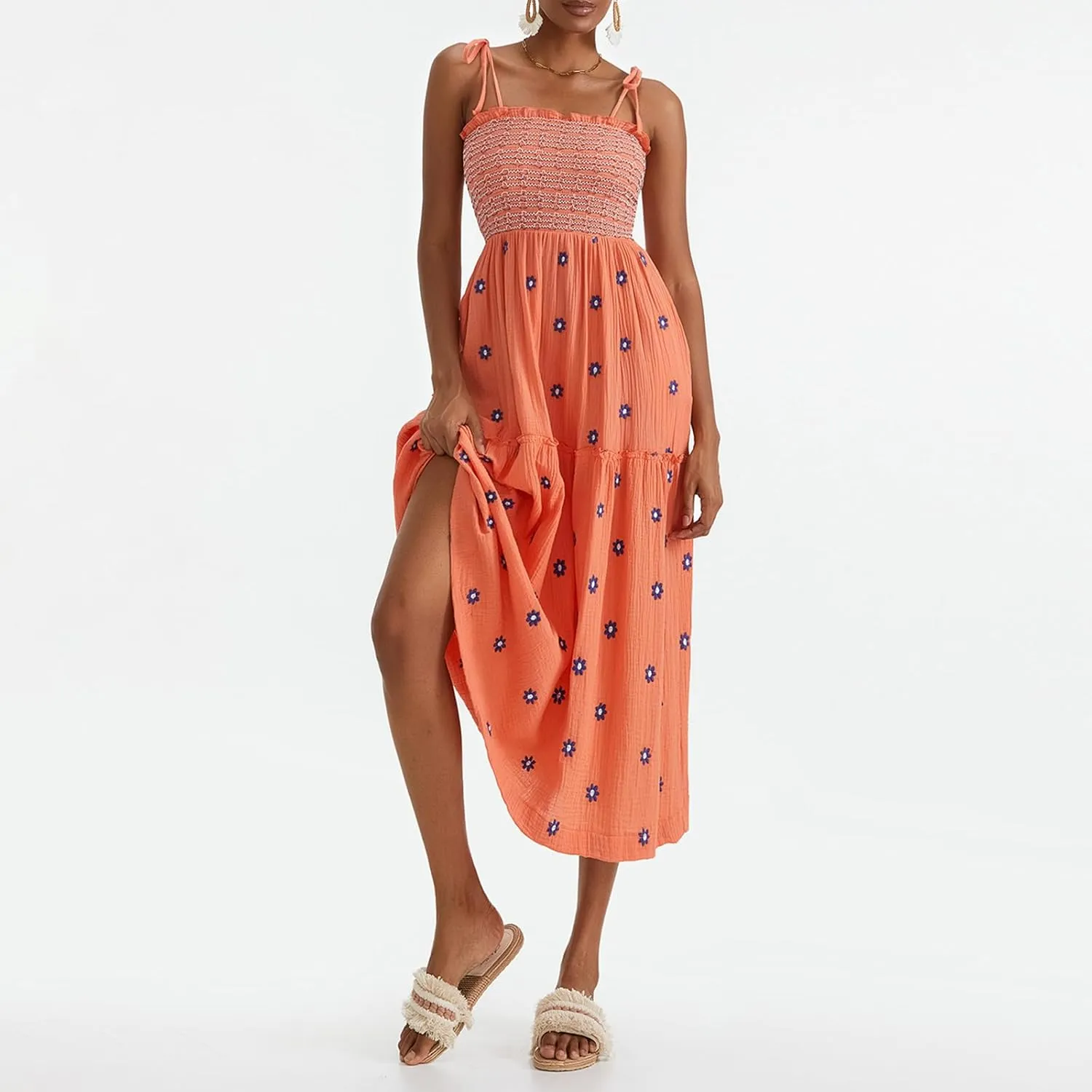 Boho Floral Embroidered Dress for Women Spaghetti Tie Strap Long Vacation Dress Casual Flowy Summer Maxi Sundresses