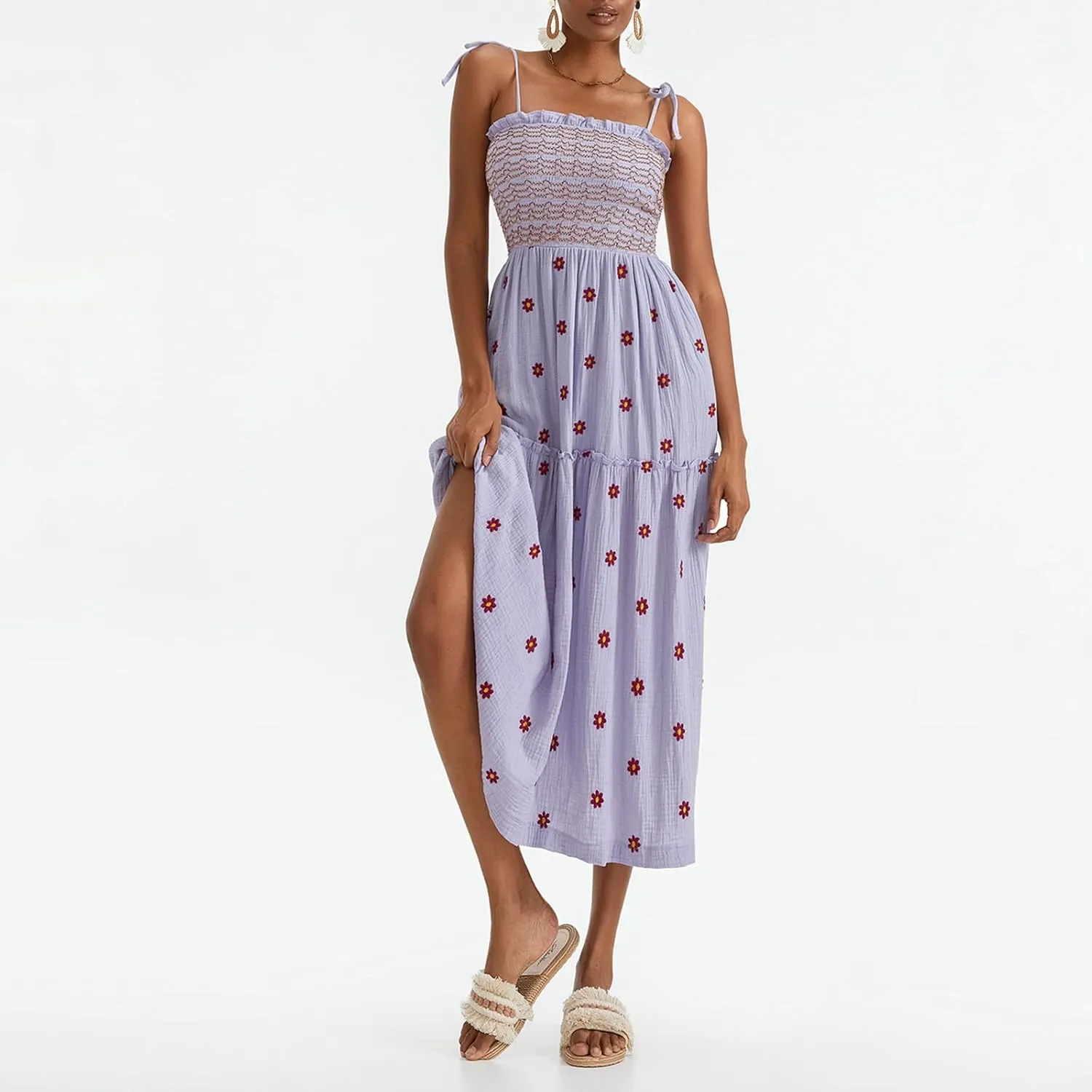 Boho Floral Embroidered Dress for Women Spaghetti Tie Strap Long Vacation Dress Casual Flowy Summer Maxi Sundresses