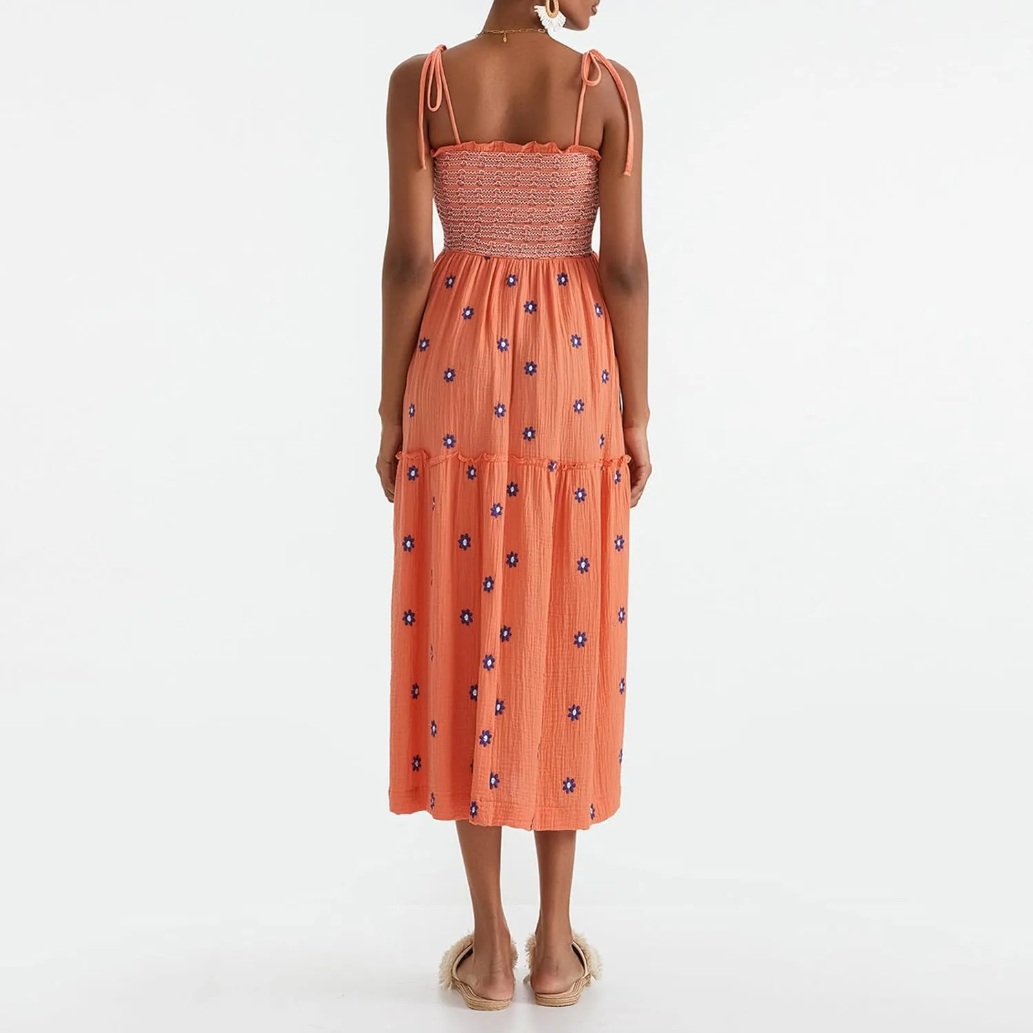 Boho Floral Embroidered Dress for Women Spaghetti Tie Strap Long Vacation Dress Casual Flowy Summer Maxi Sundresses