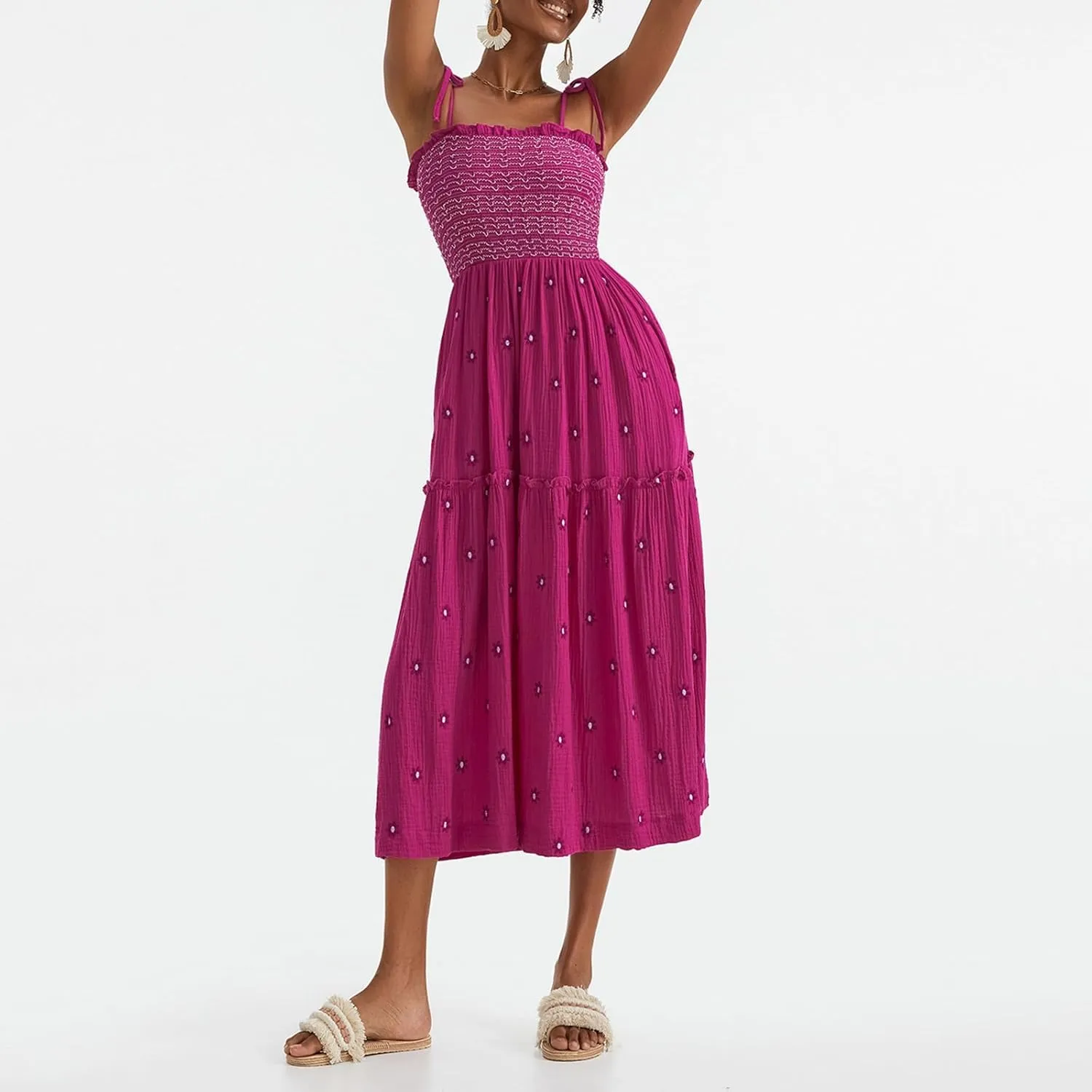 Boho Floral Embroidered Dress for Women Spaghetti Tie Strap Long Vacation Dress Casual Flowy Summer Maxi Sundresses