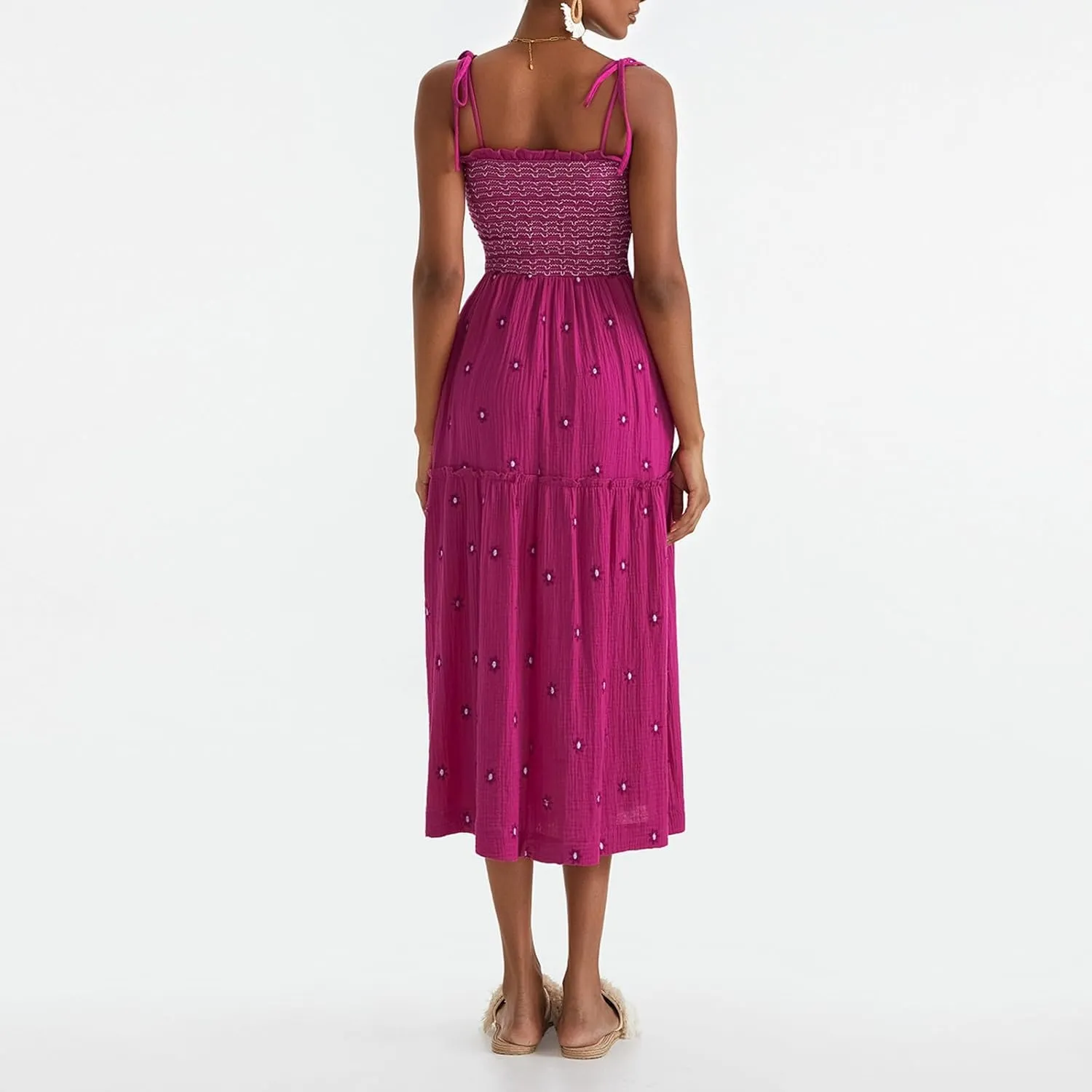 Boho Floral Embroidered Dress for Women Spaghetti Tie Strap Long Vacation Dress Casual Flowy Summer Maxi Sundresses