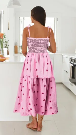 Boho Floral Embroidered Dress for Women Spaghetti Tie Strap Long Vacation Dress Casual Flowy Summer Maxi Sundresses