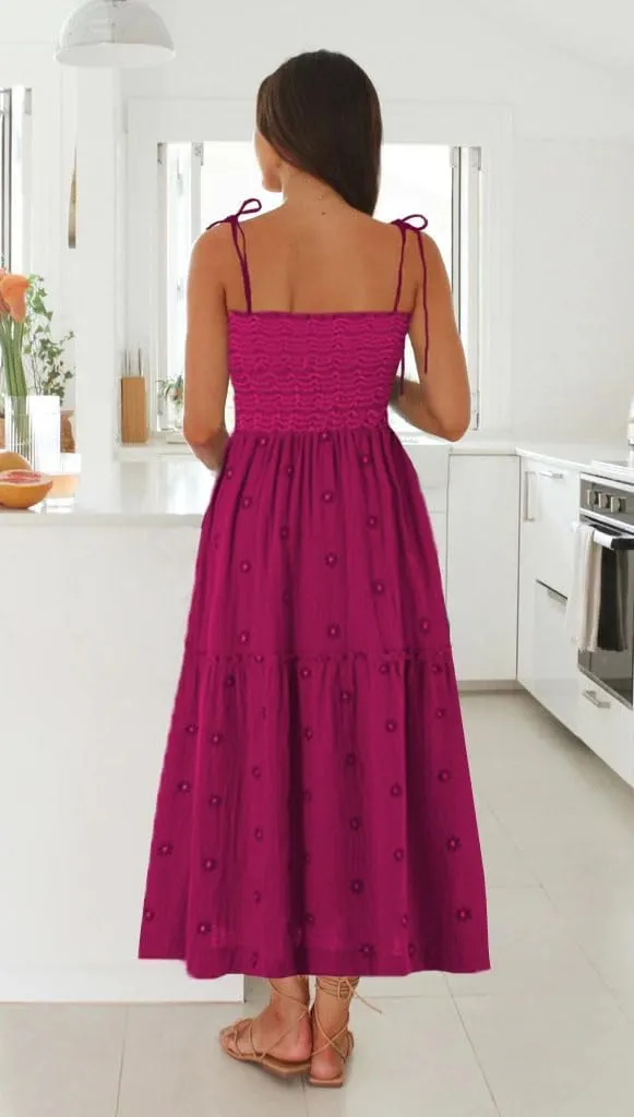 Boho Floral Embroidered Dress for Women Spaghetti Tie Strap Long Vacation Dress Casual Flowy Summer Maxi Sundresses