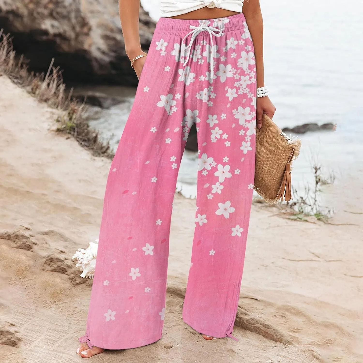 Boho Pants for Women Floral Print Cotton Linen Pant Elastic Waist Drawstring Summer Beach Baggy Trousers with Pocket