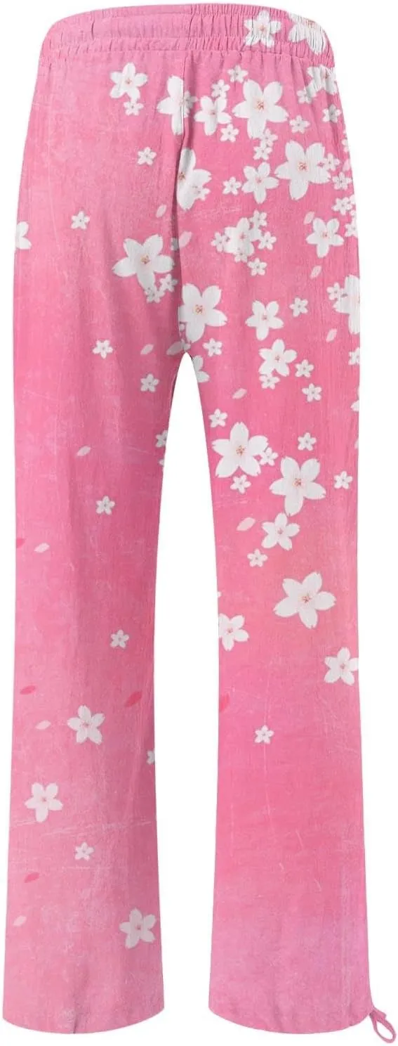 Boho Pants for Women Floral Print Cotton Linen Pant Elastic Waist Drawstring Summer Beach Baggy Trousers with Pocket