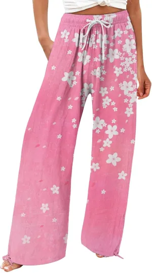Boho Pants for Women Floral Print Cotton Linen Pant Elastic Waist Drawstring Summer Beach Baggy Trousers with Pocket