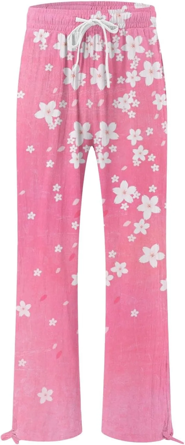 Boho Pants for Women Floral Print Cotton Linen Pant Elastic Waist Drawstring Summer Beach Baggy Trousers with Pocket