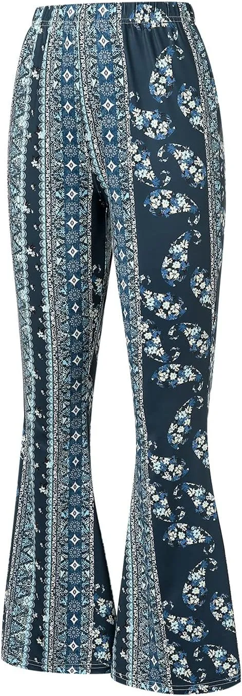 Boho Print Flare Pants for Women High Waist Stretch Comfy Bell Bottom Trousers 70s Hippie Pants Floral Yoga Leggings