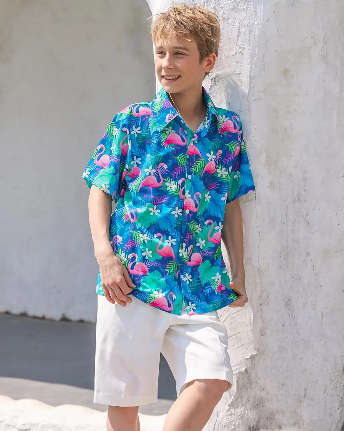 Boy's Button Down Hawaiian Shirts Short Sleeve Cool Cartoon Print Aloha Dress Tops T-Shirt for Kids 7-12T