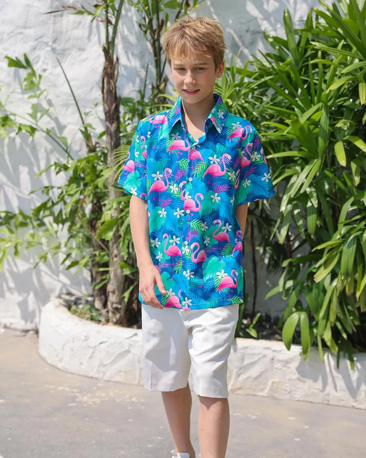 Boy's Button Down Hawaiian Shirts Short Sleeve Cool Cartoon Print Aloha Dress Tops T-Shirt for Kids 7-12T