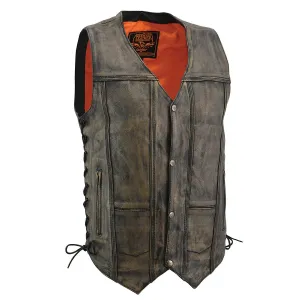 BROWN MLM3540 Men's Roulette Distressed Brown 10 Pocket Motorcycle Leather Vest
