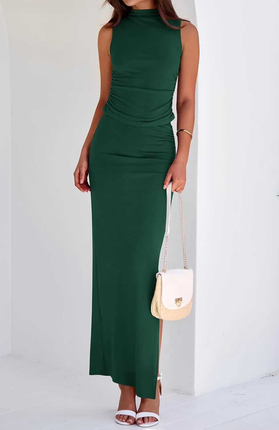 BTFBM Womens Two Piece Outfits Summer Lightweight 2025 Mock Neck Sleeveless Knit Tops Maxi Skirt Set Going Out Dress