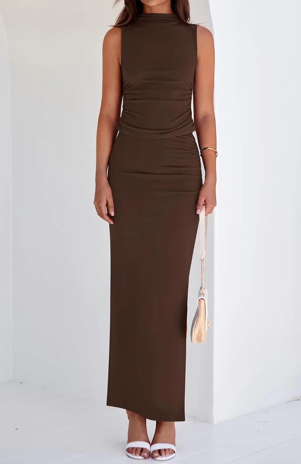 BTFBM Womens Two Piece Outfits Summer Lightweight 2025 Mock Neck Sleeveless Knit Tops Maxi Skirt Set Going Out Dress