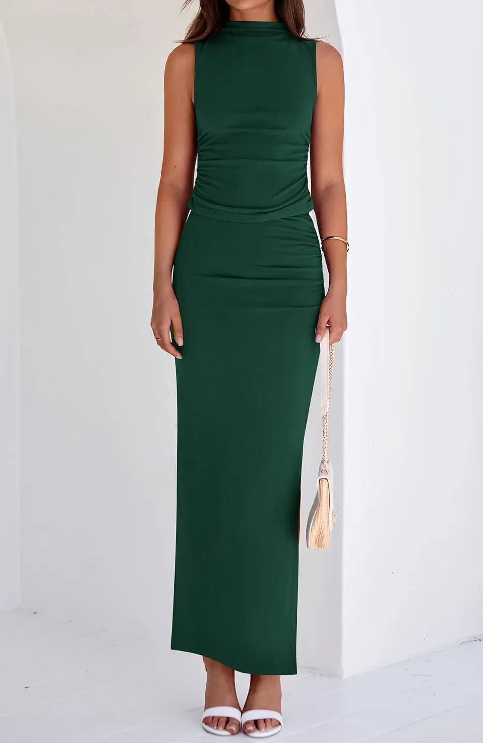 BTFBM Womens Two Piece Outfits Summer Lightweight 2025 Mock Neck Sleeveless Knit Tops Maxi Skirt Set Going Out Dress