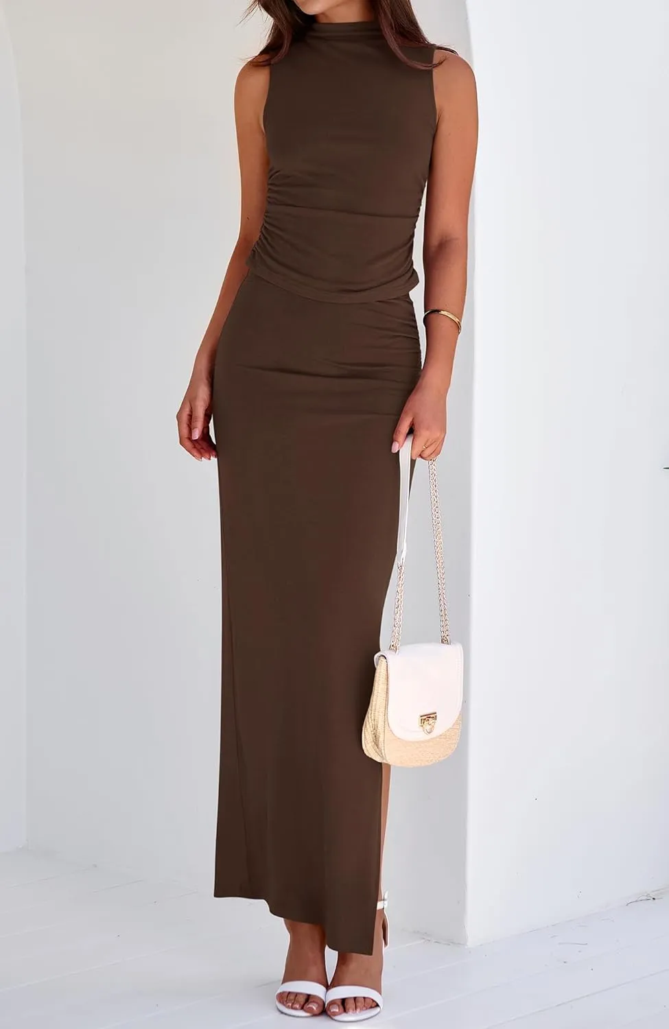 BTFBM Womens Two Piece Outfits Summer Lightweight 2025 Mock Neck Sleeveless Knit Tops Maxi Skirt Set Going Out Dress