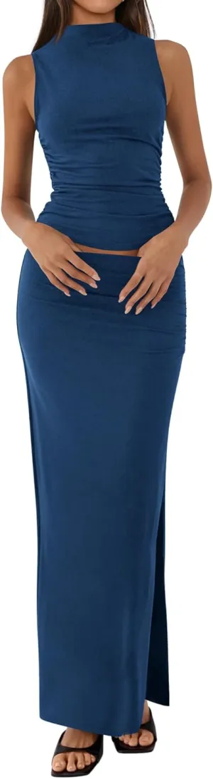 BTFBM Womens Two Piece Outfits Summer Lightweight 2025 Mock Neck Sleeveless Knit Tops Maxi Skirt Set Going Out Dress