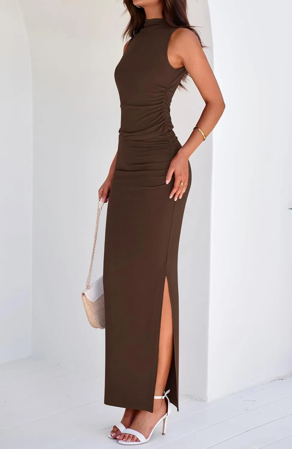 BTFBM Womens Two Piece Outfits Summer Lightweight 2025 Mock Neck Sleeveless Knit Tops Maxi Skirt Set Going Out Dress