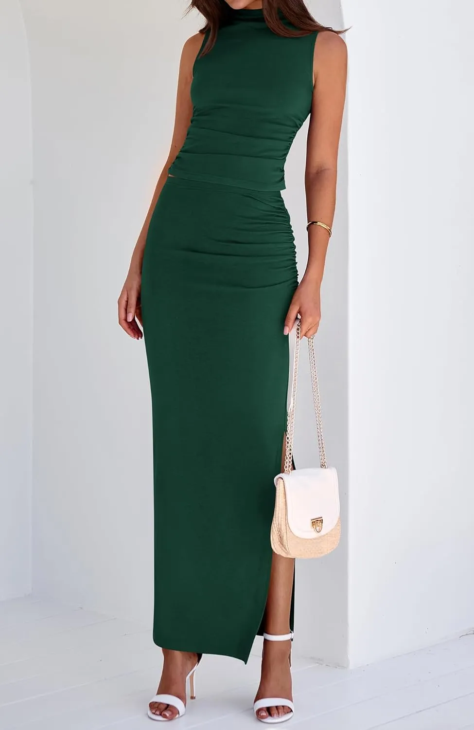 BTFBM Womens Two Piece Outfits Summer Lightweight 2025 Mock Neck Sleeveless Knit Tops Maxi Skirt Set Going Out Dress