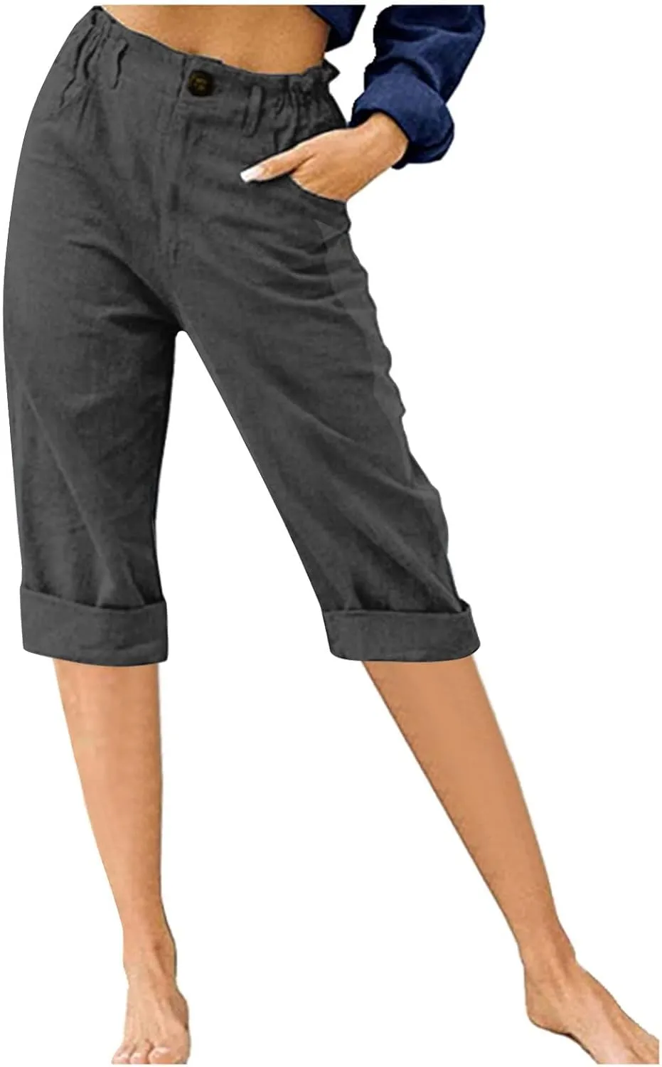 BZGTZT Capris Pants for Women Casual Summer Cotton Linen 3/4 Pants Wide Leg Capris Lightweight Baggy Cropped Lounge Trouser
