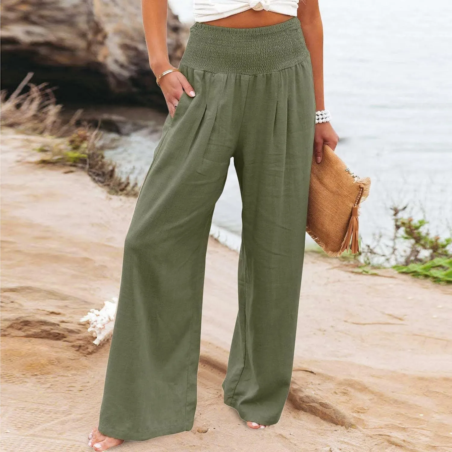 BZGTZT Wide Leg Pants for Women Summer Casual Smocked Elastic High Waisted Linen Pant Solid Loose Palazzo Pants Trousers