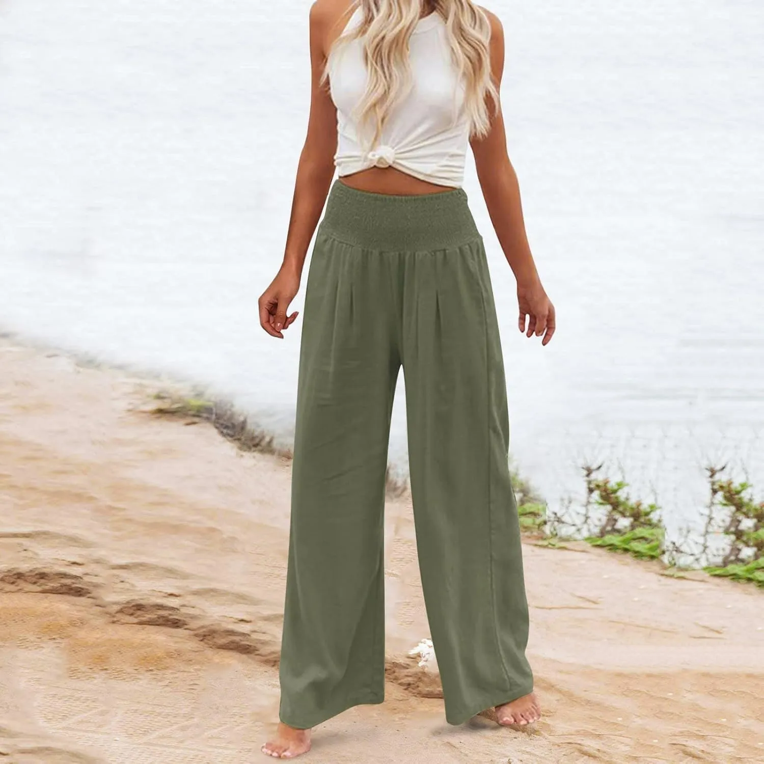 BZGTZT Wide Leg Pants for Women Summer Casual Smocked Elastic High Waisted Linen Pant Solid Loose Palazzo Pants Trousers