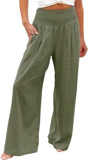 BZGTZT Wide Leg Pants for Women Summer Casual Smocked Elastic High Waisted Linen Pant Solid Loose Palazzo Pants Trousers
