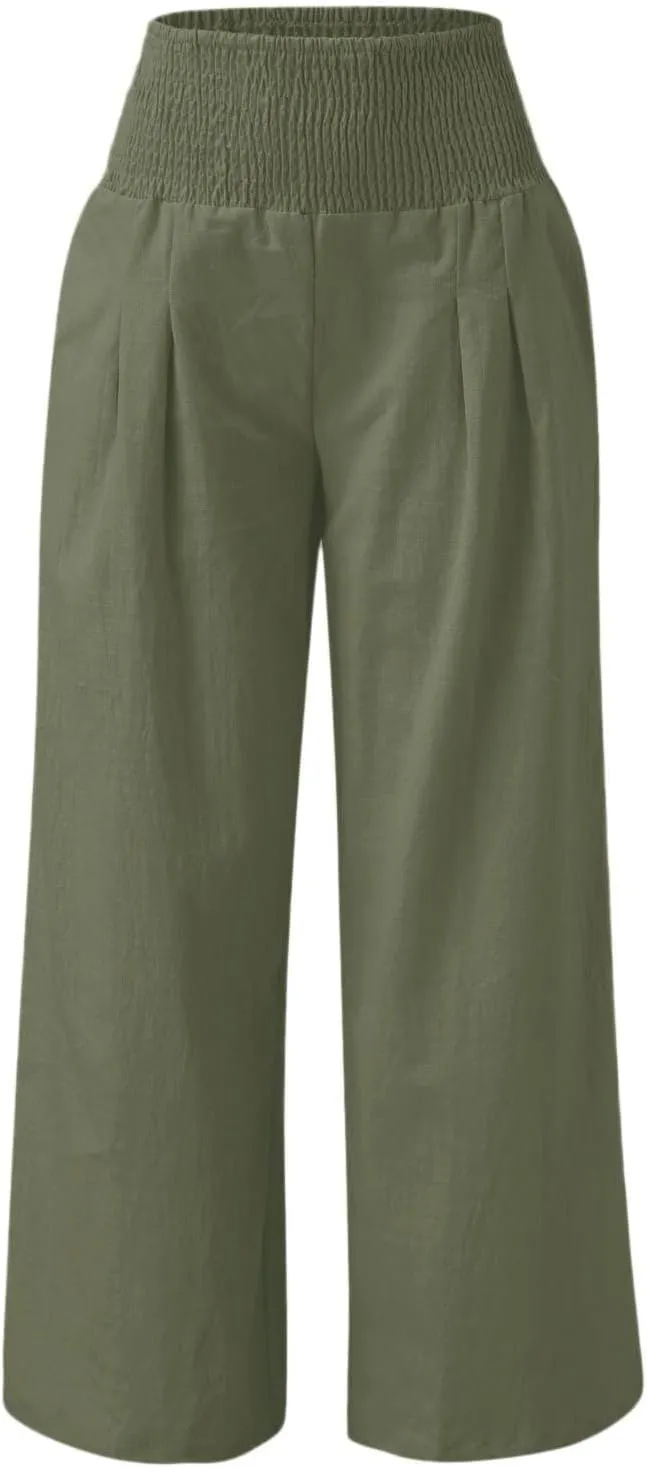 BZGTZT Wide Leg Pants for Women Summer Casual Smocked Elastic High Waisted Linen Pant Solid Loose Palazzo Pants Trousers
