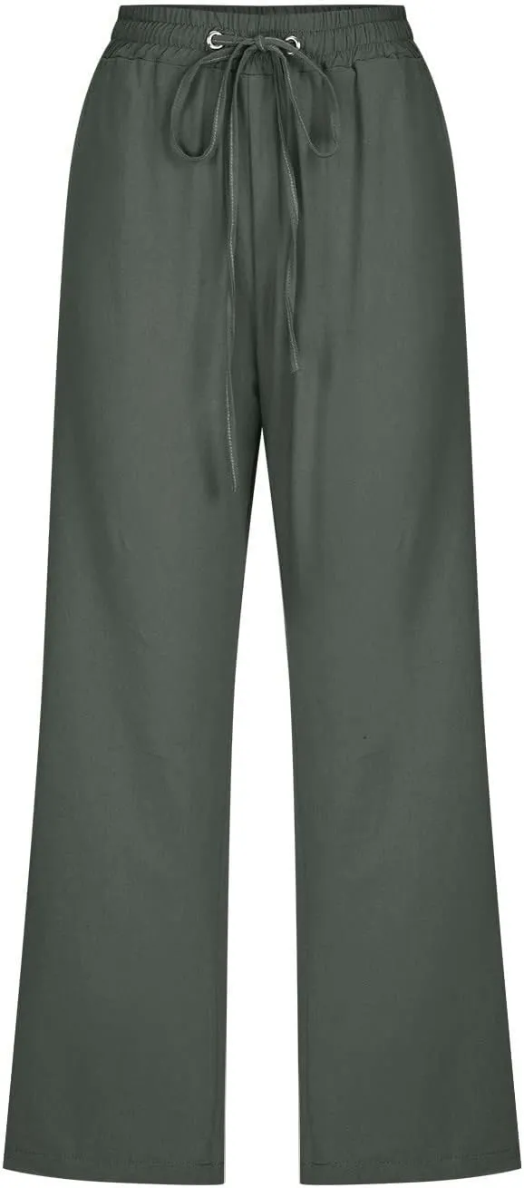 Capri Linen Pants for Women Summer Casual Wide Leg Pants Loose Fit Palazzo Pants Elastic Waist Cropped Trousers S-5X