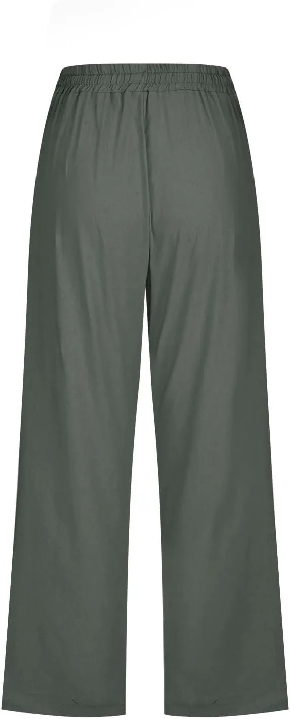 Capri Linen Pants for Women Summer Casual Wide Leg Pants Loose Fit Palazzo Pants Elastic Waist Cropped Trousers S-5X