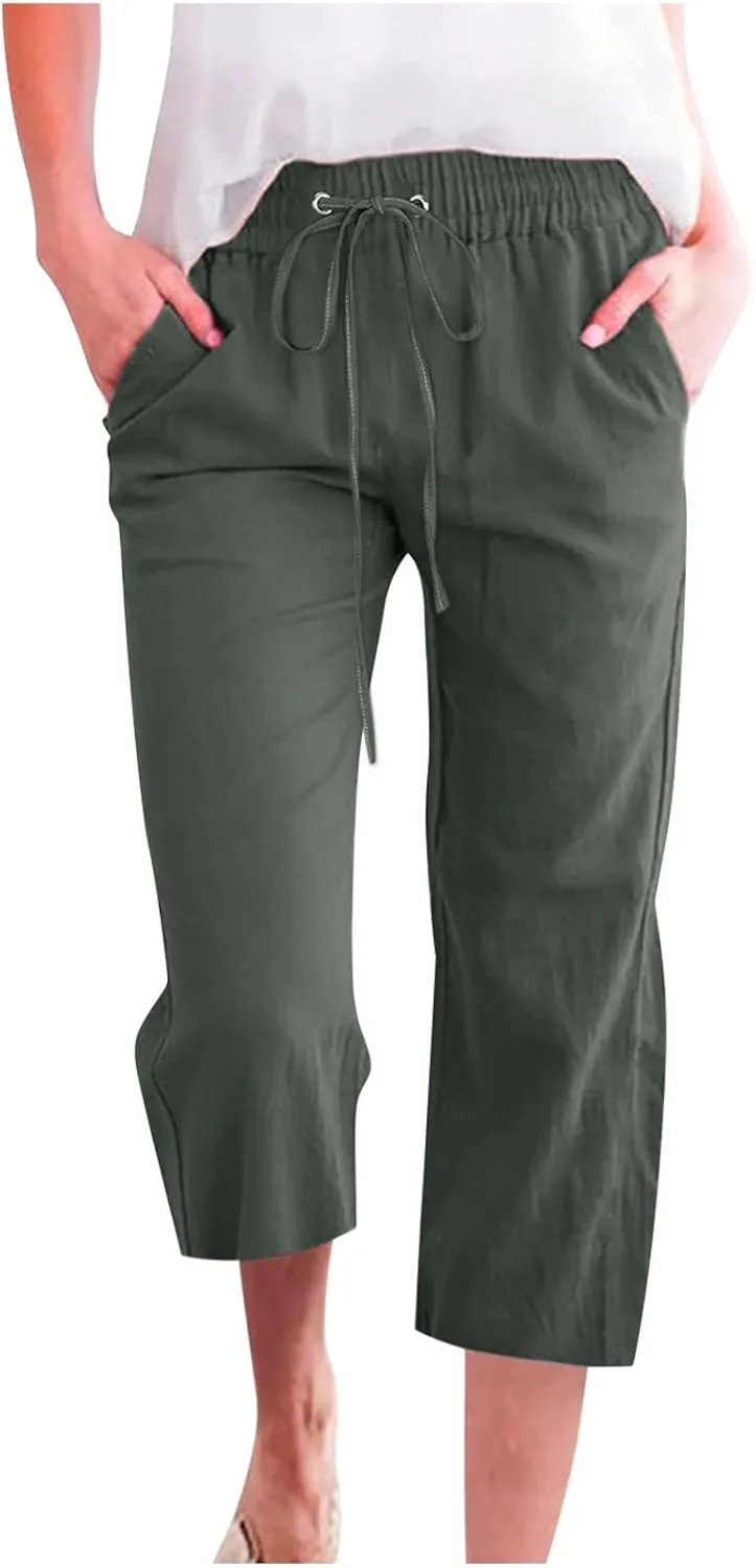 Capri Linen Pants for Women Summer Casual Wide Leg Pants Loose Fit Palazzo Pants Elastic Waist Cropped Trousers S-5X