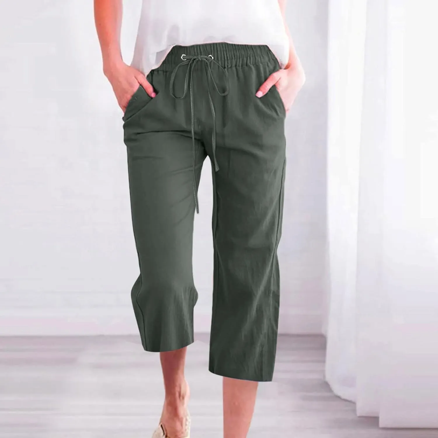 Capri Linen Pants for Women Summer Casual Wide Leg Pants Loose Fit Palazzo Pants Elastic Waist Cropped Trousers S-5X