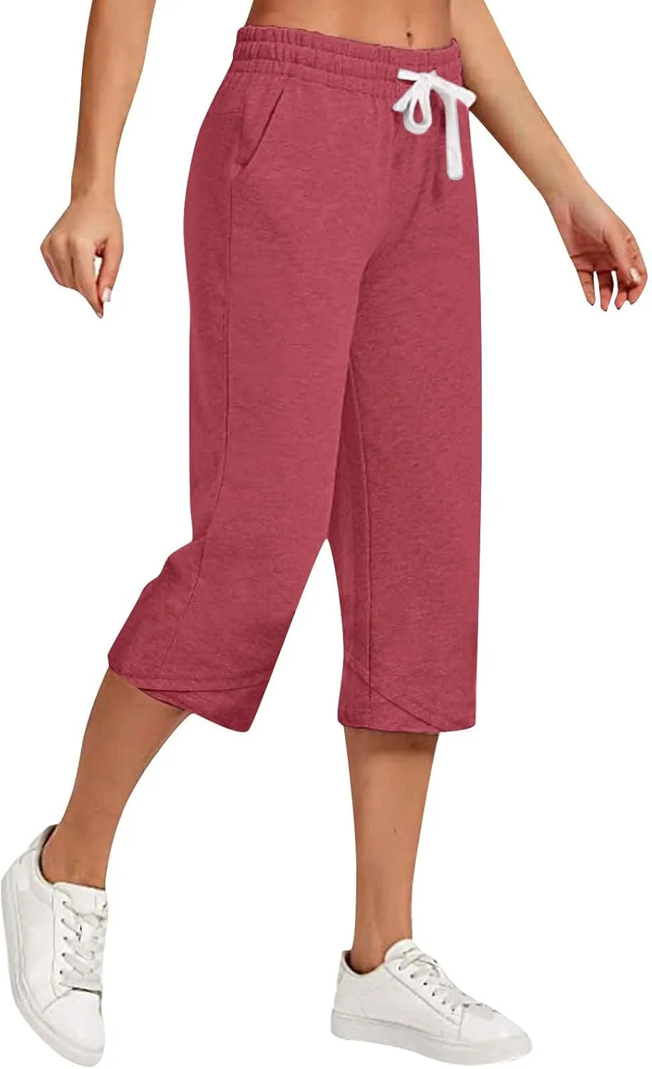 Capri Linen Pants Women Wide Leg Casual Summer Palazzo Pant Drawstring Elastic Waist Lounge Beach Trouser with Pocket