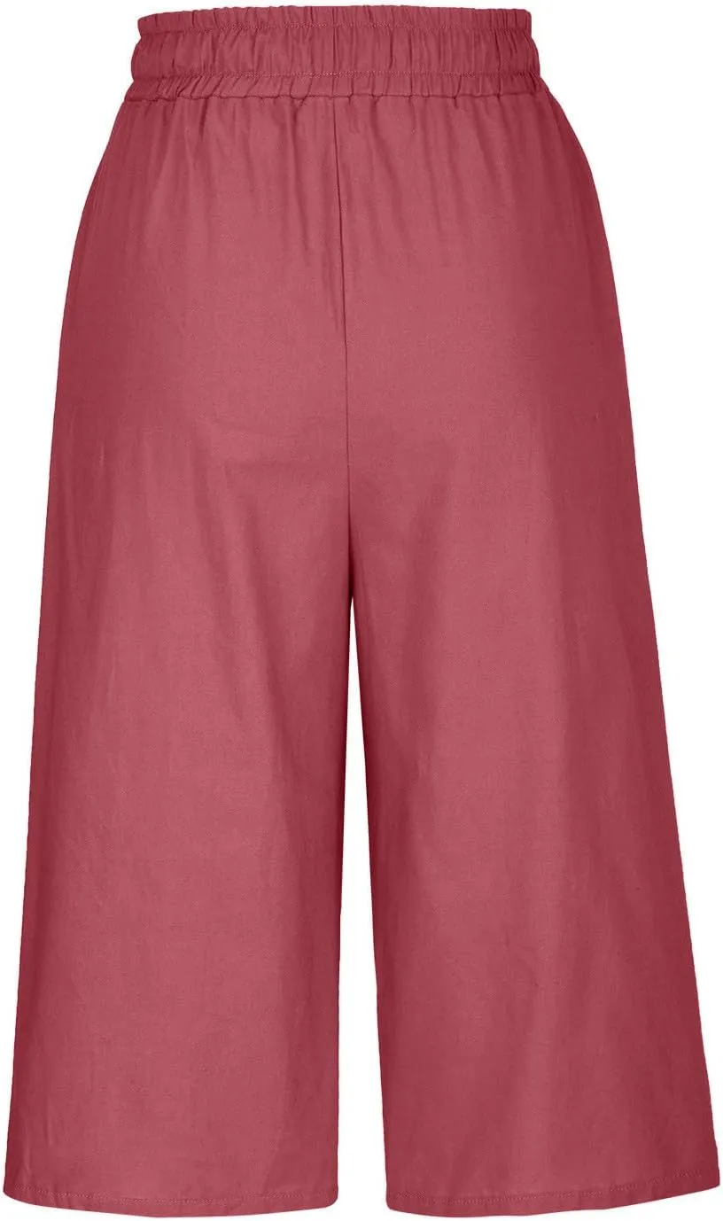 Capri Linen Pants Women Wide Leg Casual Summer Palazzo Pant Drawstring Elastic Waist Lounge Beach Trouser with Pocket