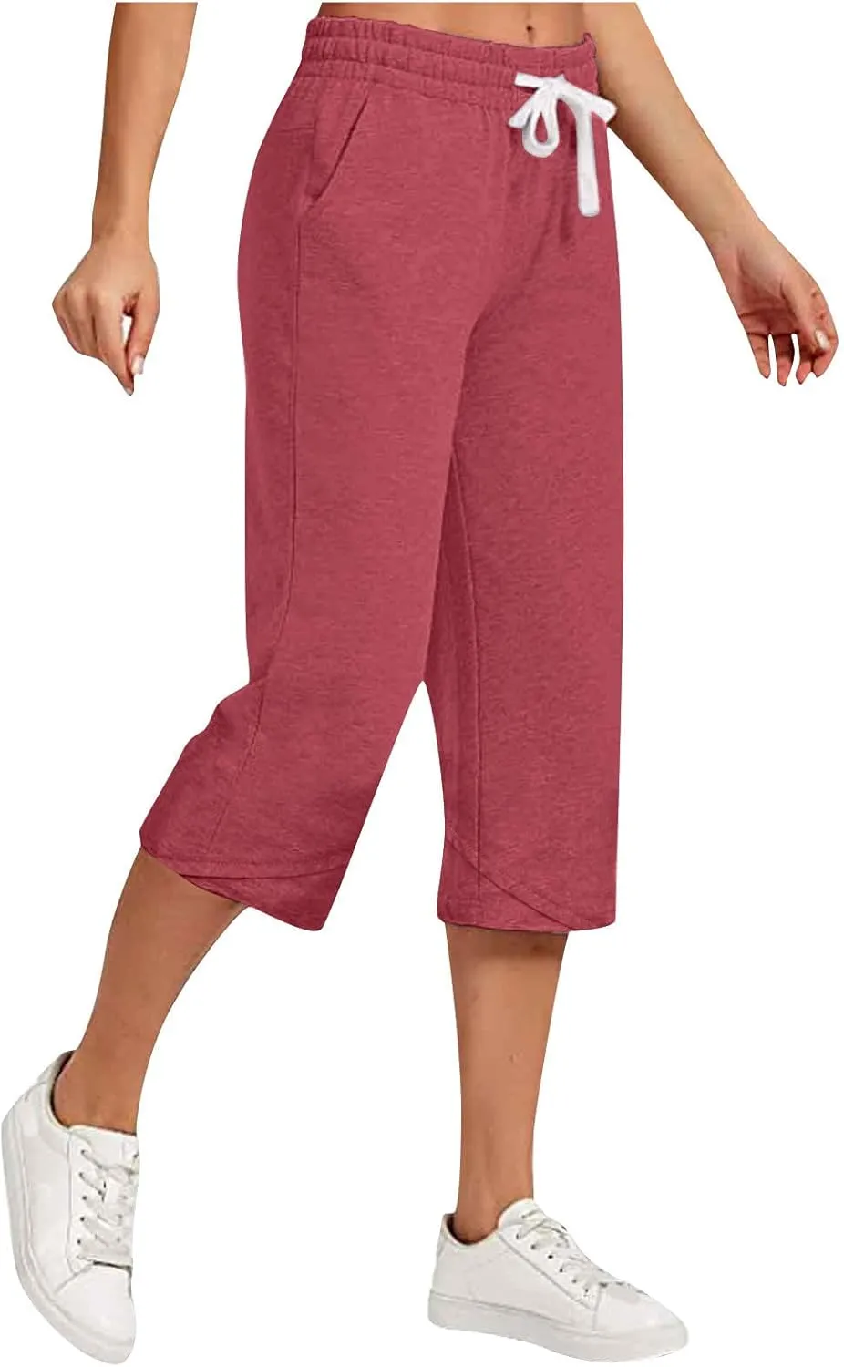 Capri Linen Pants Women Wide Leg Casual Summer Palazzo Pant Drawstring Elastic Waist Lounge Beach Trouser with Pocket