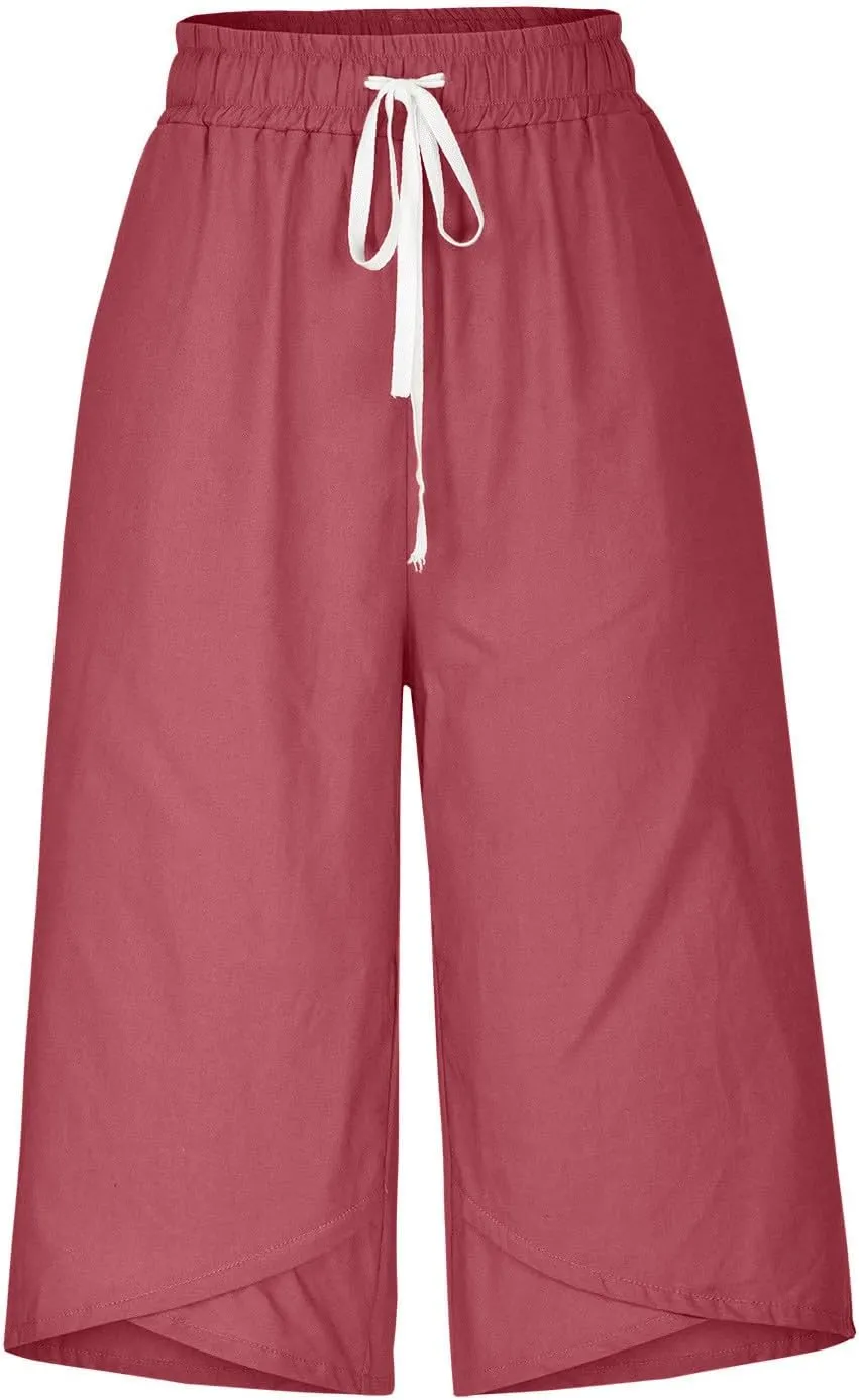 Capri Linen Pants Women Wide Leg Casual Summer Palazzo Pant Drawstring Elastic Waist Lounge Beach Trouser with Pocket