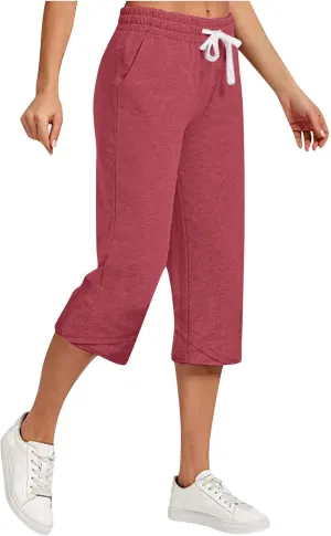 Capri Linen Pants Women Wide Leg Casual Summer Palazzo Pant Drawstring Elastic Waist Lounge Beach Trouser with Pocket