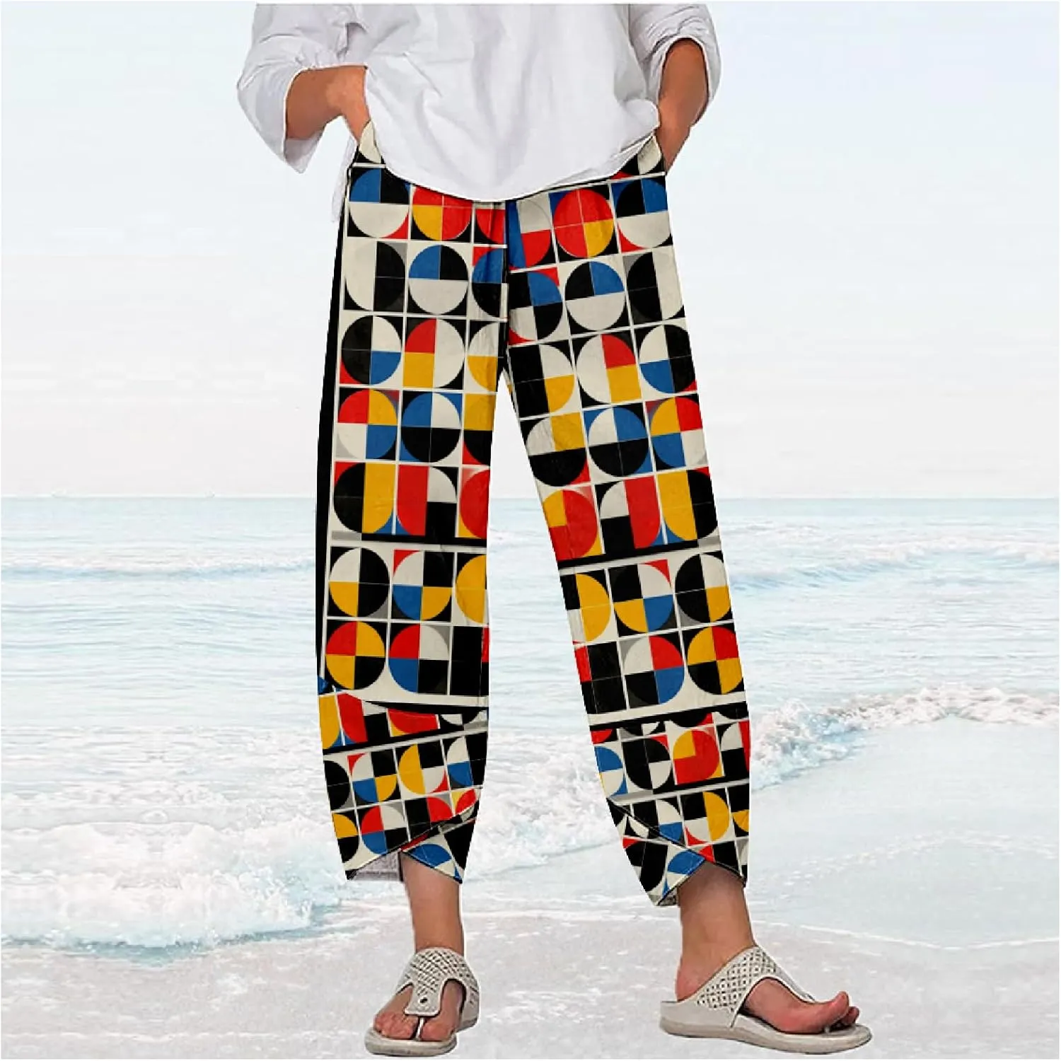 Capri Pants Casual Summer Printed Cropped Linen Blend Comfy Baggy Trousers with Pockets Wide Leg Pants Woman